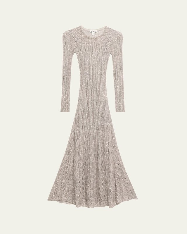 Long Sequined Knit Long-Sleeve Dress